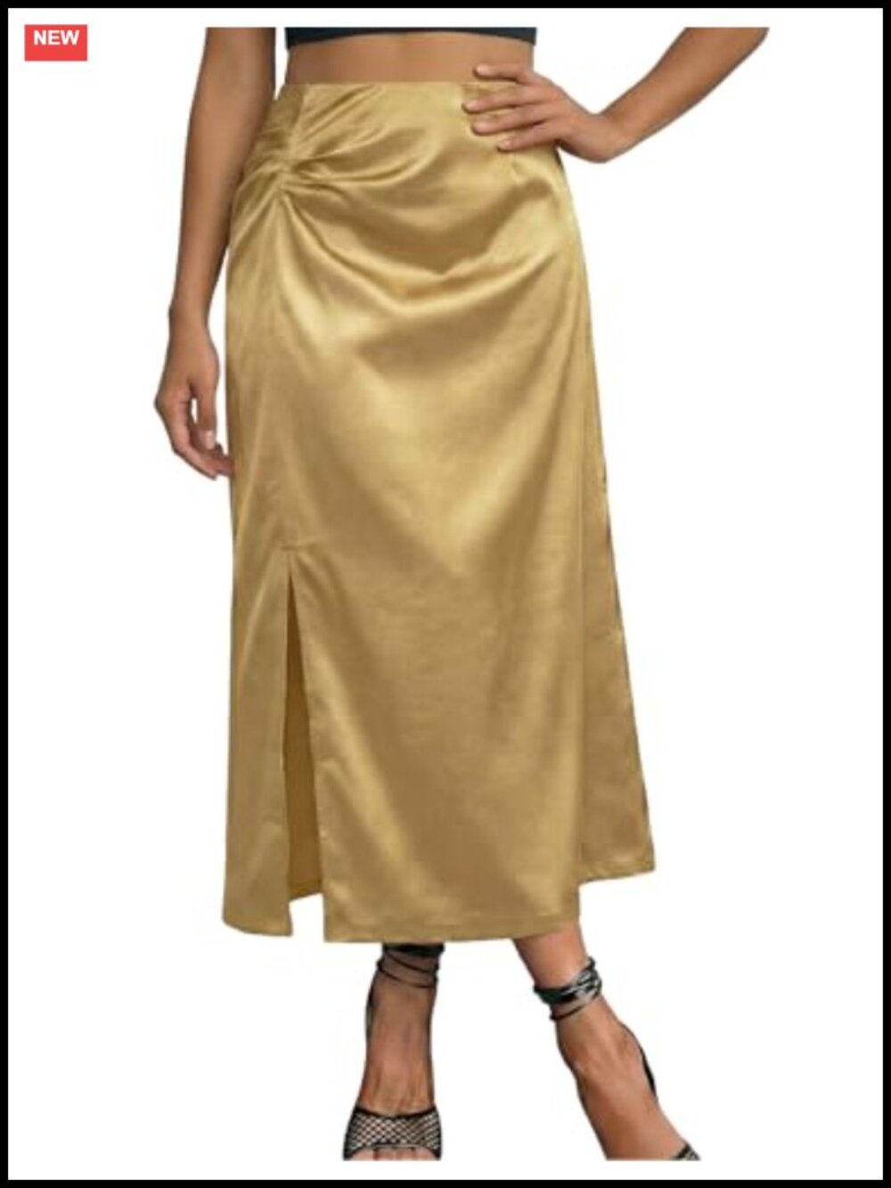 Womens Silk Satin Midi Skirt High Waisted Side Slit Slim Fit